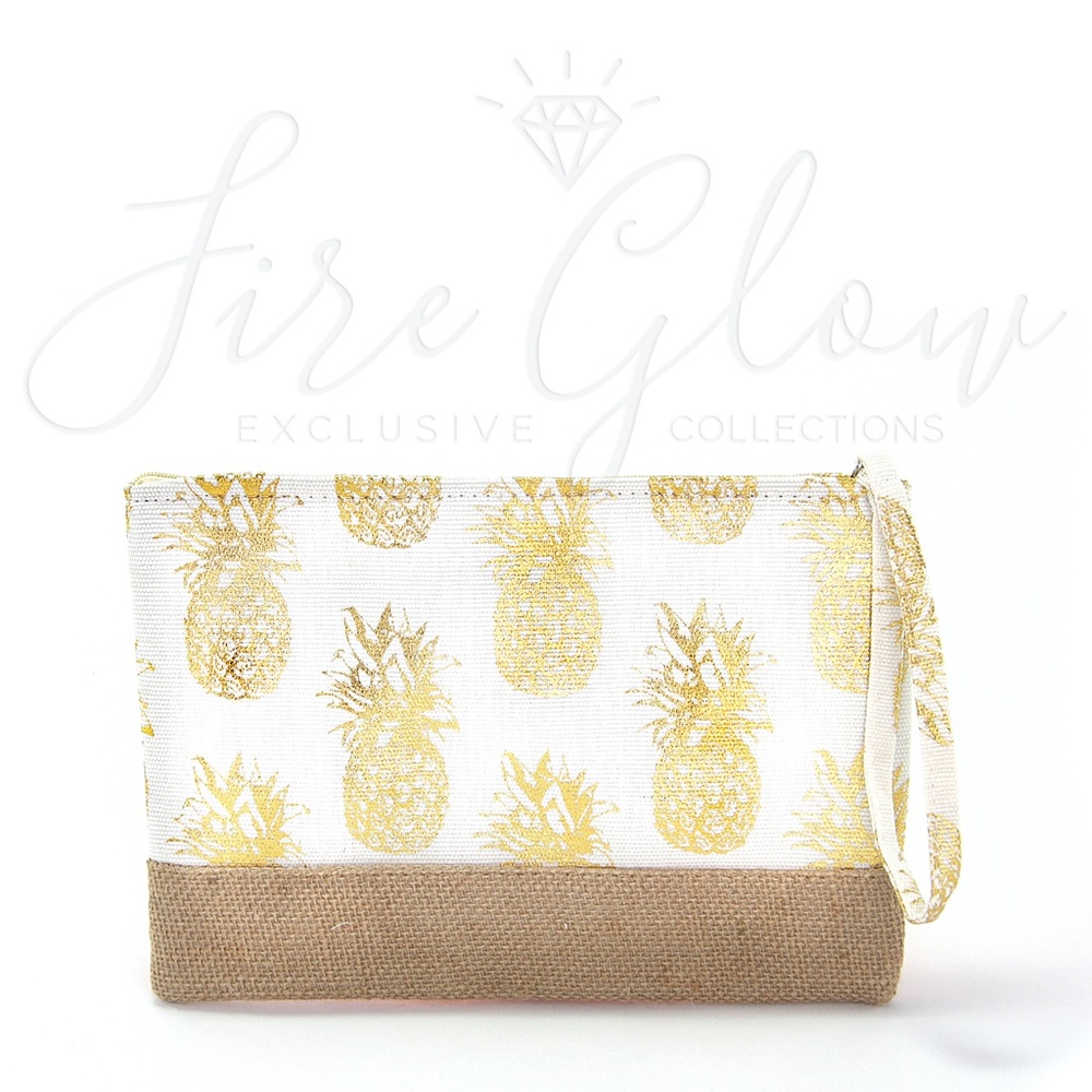 White & Gold Foil Print Pineapple Clutch Wristlet